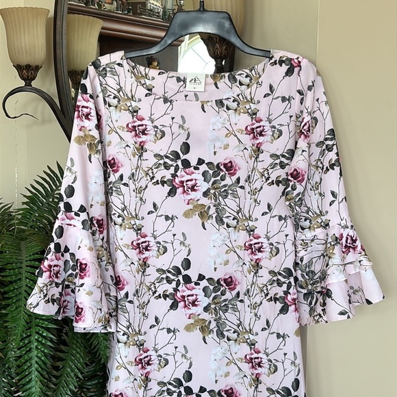 NWOT Femina Flaunt Pale Pink Floral Shift Dress 3/4 Ruffle Sleeves Boat Neck - Picture 2 of 15